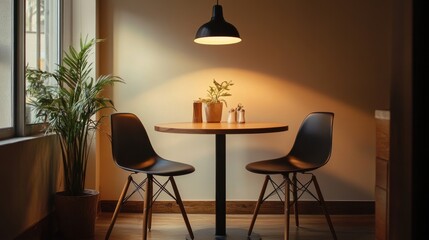 A small, intimate dining space featuring a round wooden table with two black chairs