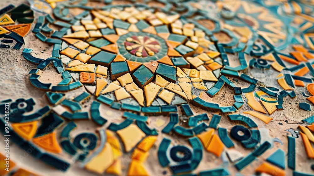 Poster close-up of a detailed mosaic pattern with vibrant tiles and intricate designs