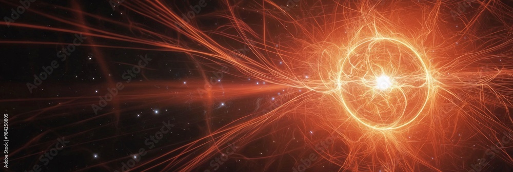 Poster bright red particles explosively radiate outward, forming a stunning cosmic display of light and ene