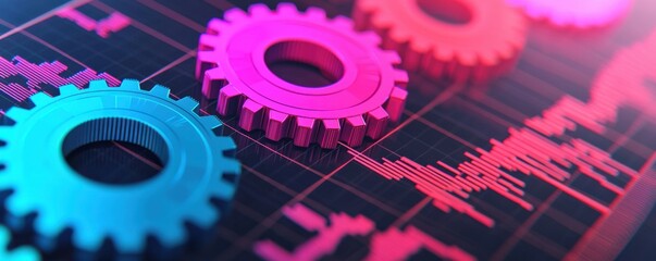 Colorful gears on a dark background symbolize technology and engineering, with overlaid graphs suggesting data analysis and performance metrics, Business idea concept.