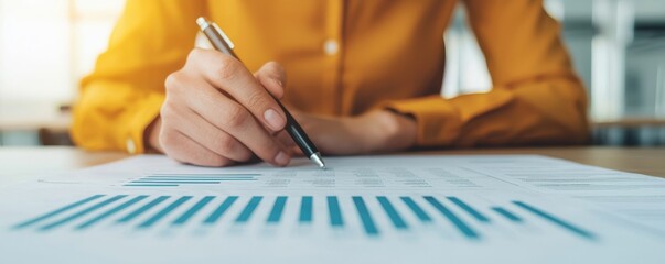 A hand holding a pen analyzes financial data on a sheet, showcasing graphs and statistics in a professional workspace, Business idea concept.