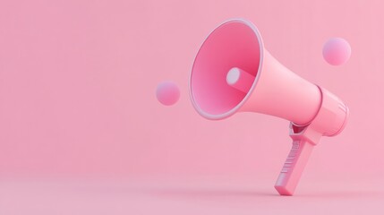 Pink megaphone with floating spheres on pink background.