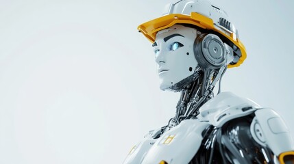 A close-up portrait of a female robot wearing a hard hat and looking to the side.