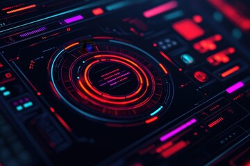 A futuristic interface featuring vibrant neon colors and circular elements, resembling advanced technology or sci-fi controls, Business idea concept.