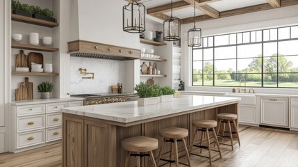 Fototapeta premium A spacious farmhouse kitchen with a large island featuring a marble countertop and rustic wood