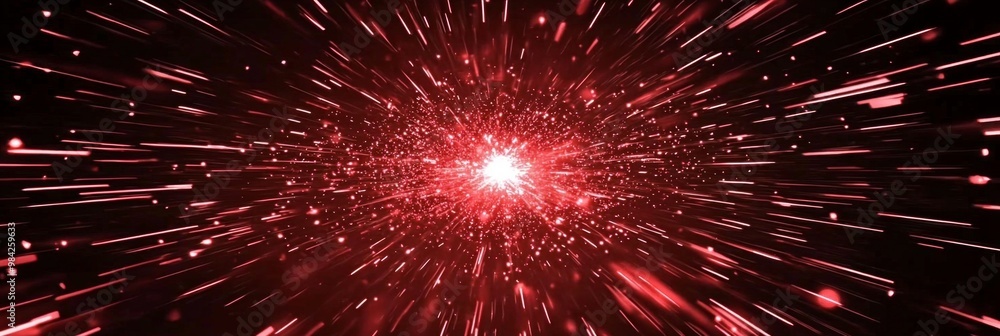 Poster mesmerizing explosion of radiant red particles emanates from the center, dispersing energy and glowi