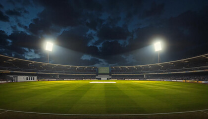 Night falls over a cricket stadium, showcased in a 3D illustration, ai generated