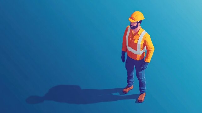 An isometric illustration of a construction worker in a hard hat and safety vest, standing with his hands on his hips against a blue background.