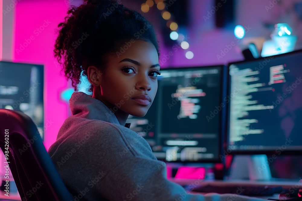 Poster young black woman programmer working late on computer code in neon lit office