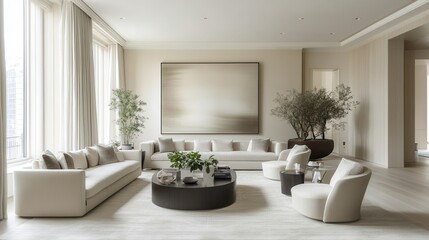 A spacious, modern living room with large-scale artwork on the wall