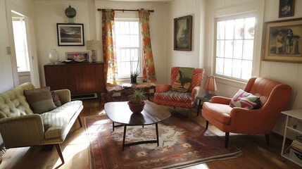 Eclectic living room with mismatched vintage chairs and a mid-century modern coffee table, creating a unique seating arrangement. home interior design concept 