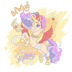 Halloween unicorn mummy and lettering card vector illustration