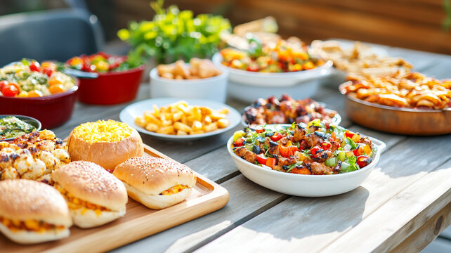 Delicious home cooked dishes are beautifully arranged on picnic table, showcasing vibrant salads, savory sides, and tempting main courses, perfect for joyful gathering