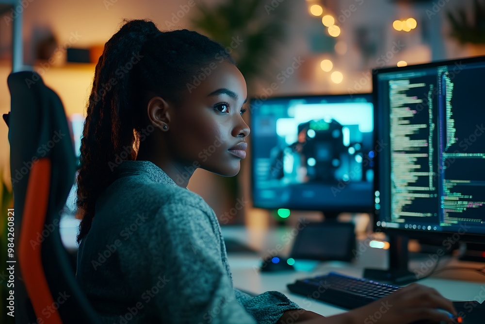Aufkleber focused black woman programmer working on computer code late at night