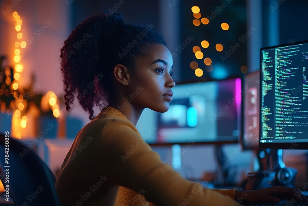 Poster young black woman programmer working on computer code at night in home office setup