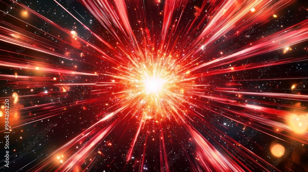 Poster cascade of red particles bursts forth in a brilliant explosion, scattering intensely across a stark 