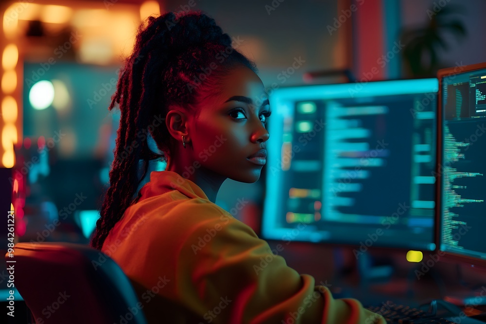Aufkleber young black female programmer working late on computer code in neon light