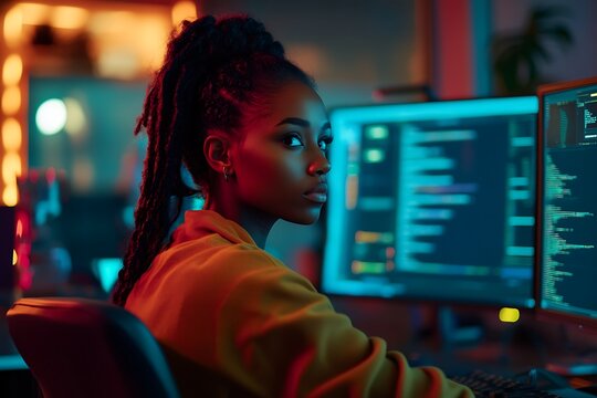 Young black female programmer working late on computer code in neon light