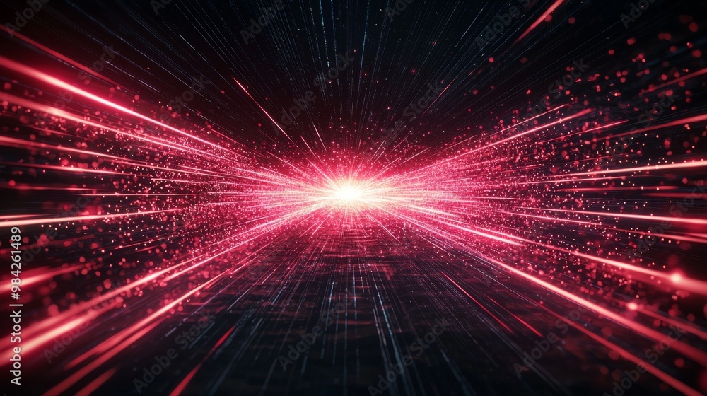Poster red particles burst forth in an intense explosion, scattering vibrantly across a dark background, ev