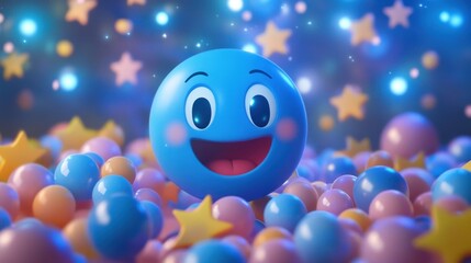 A 3D blue emoji smiling with big eyes and blush, surrounded by colorful balls and stars on a dark blue background.