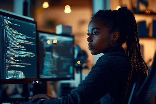 Computer programmer working on software development code late at night in office
