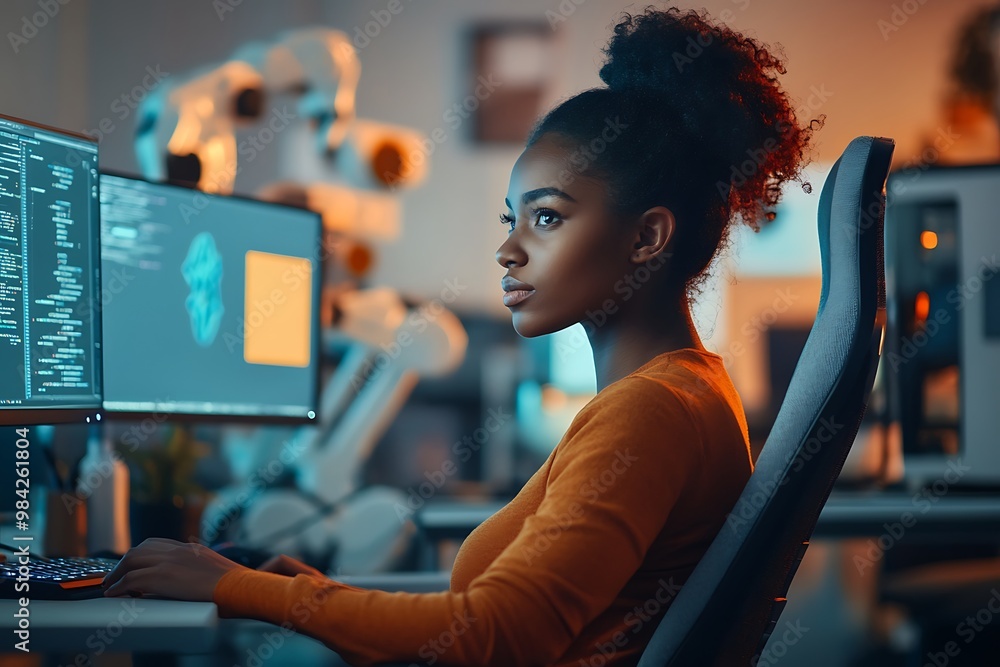 Poster young black woman working on software development project in robotics lab