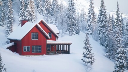 A cozy ski lodge with James Hardie siding in deep red, nestled against a backdrop of snow-covered trees, showing its insulation properties and winter appeal
