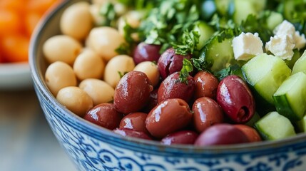 Fresh Colorful Salad Bowl with Olives and Cucumbers