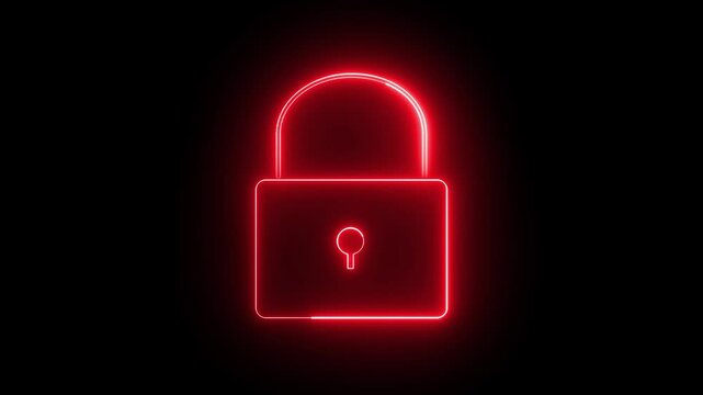 Glowing neon red colour lock animation icon on black background.