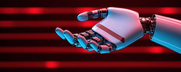 A robotic hand reaches out against a vibrant red and blue background, symbolizing technology and innovation, Business idea concept.
