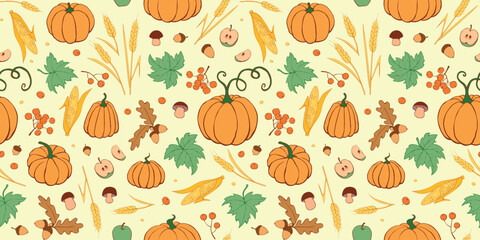 Vector seamless pattern of autumn harvest symbols: pumpkins, wheat ears, corn cobs, berries, mushrooms in flat doodle style. Colorful background, texture. Theme: happy fall, Thanksgiving, harvesting