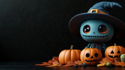 Cute Halloween Pumpkin Characters and Decorations Set in Autumn Themed Backgrounds