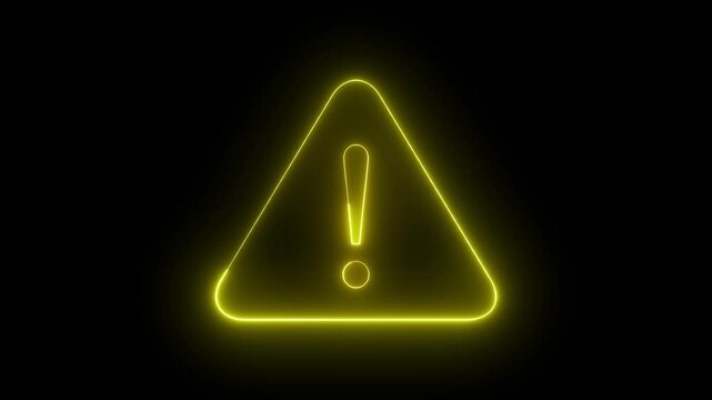 Glowing neon yellow colour warning icon animation on black background.
