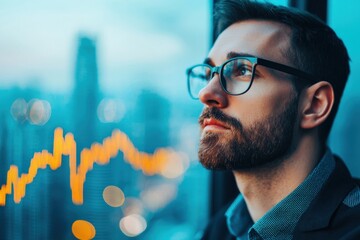 A thoughtful man gazes out a window, reflecting on financial trends depicted in a glowing graph overlay, Business idea concept.