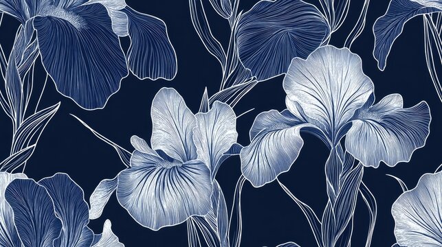 Elegant seamless pattern featuring iris flowers suitable for invitations cards prints gift wrap manufacturing textiles fabrics and wallpapers Created in a continuous line art style