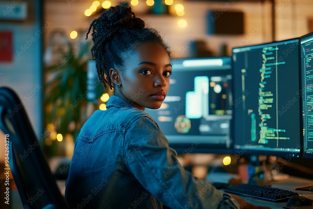 Aufkleber young female programmer working late on computer code at night in office