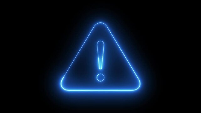 Glowing neon blue colour warning icon animation on black background.