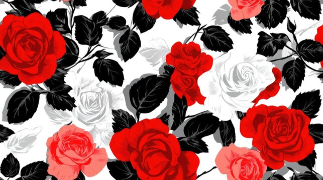 Seamless pattern featuring a blend of basic colors black white and red Background adorned with red roses allowing for the creation of a distinctive shape through the combination of various forms D