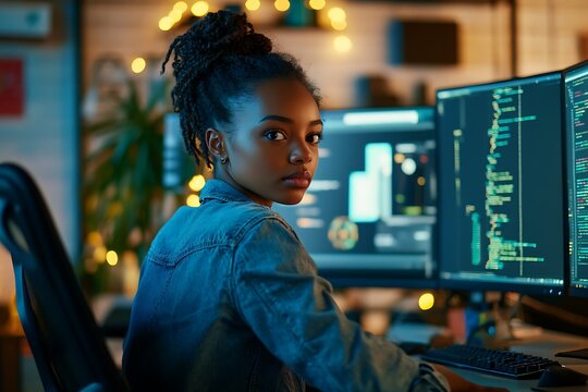 Young female programmer working late on computer code at night in office