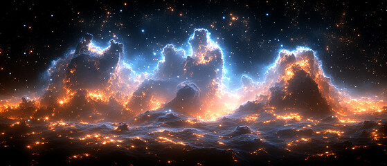 A breathtaking cosmic landscape featuring luminous celestial mountains surrounded by vibrant stars, creating a stunning visual experience.