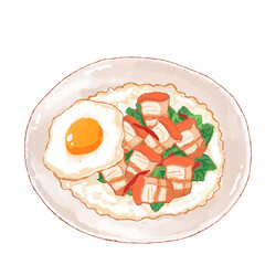 Crispy pork with basil and fried egg illustration