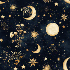 Dark academia Design an enchanting celestial pattern with stars, moons, and floral motifs in deep navy blue, accented by golden accents on the moonlit background