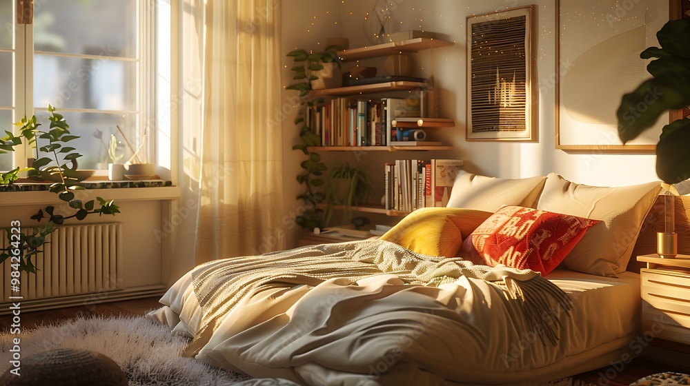 Wall mural Warm and inviting living room corner with a comfortable bed, fluffy pillows, a window, and a well-organized bookshelf.