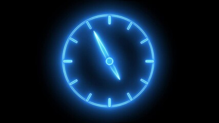 Glowing neon blue color clock animation icon on black background. - Powered by Adobe