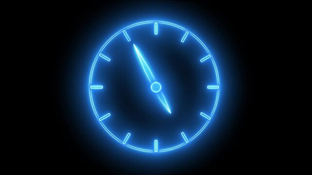 Glowing neon blue color clock animation icon on black background.