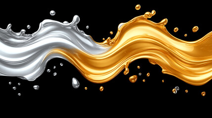 A dynamic splash of silver and gold liquid on a black background, showcasing vibrant flow and artistic motion.