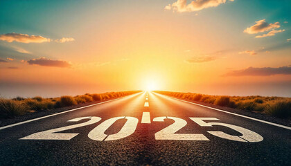 road with written 2025 and arrow pointing towards the horizon to represent the future and positivity and success of the new year