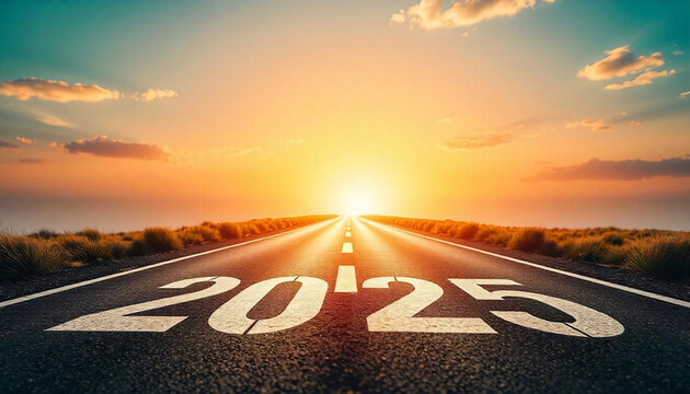 road with written 2025 and arrow pointing towards the horizon to represent the future and positivity and success of the new year