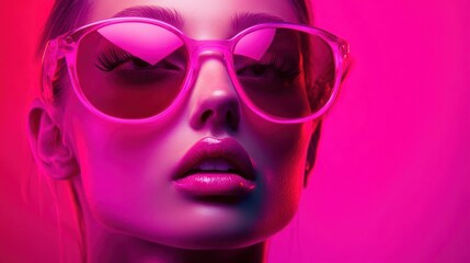 Close-up portrait of a young woman wearing pink sunglasses against a vibrant pink background.
