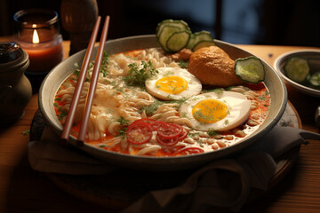 Ramen on a table. Ramen themes. Asian cuisine themes. Asian restaurant. Japanese soup. Ramen making. Image for graphic designer. Image for flyers. Image for website. China. Japan. Asia. 